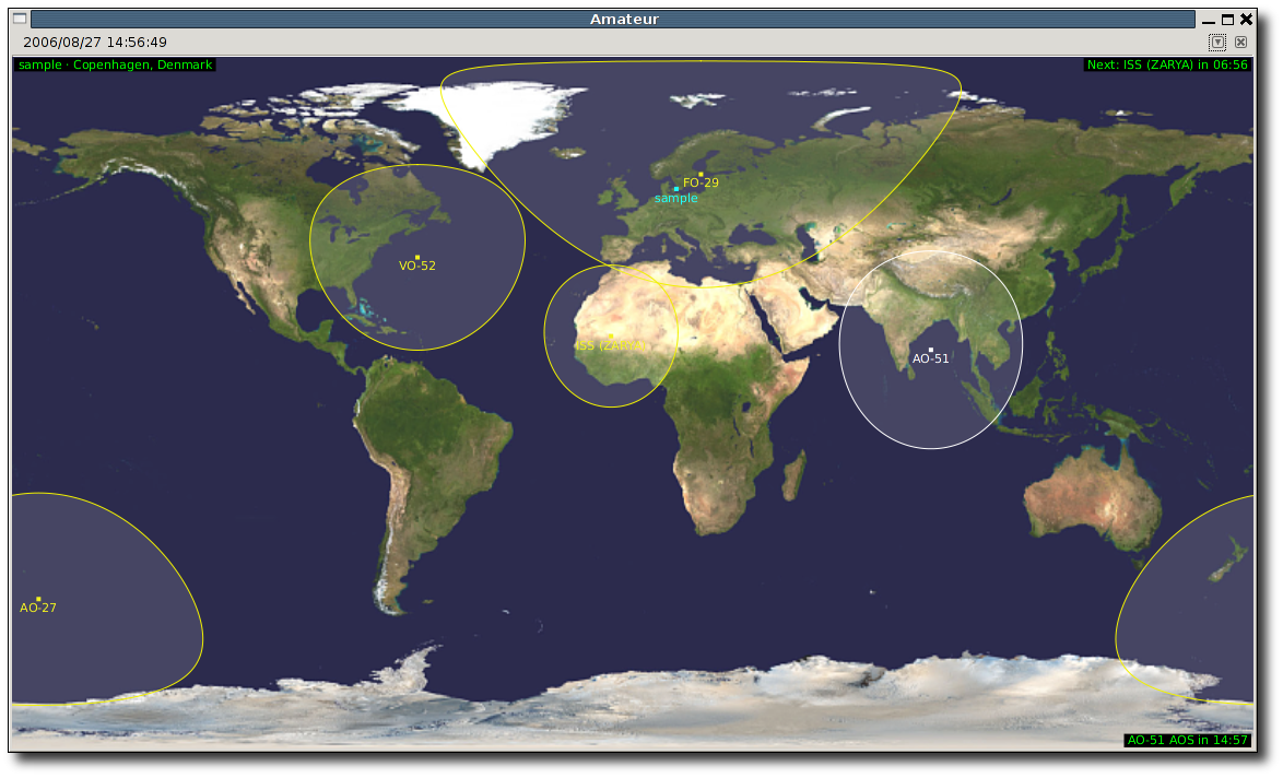 Gpredict world map with satellite footprints and ground tracks