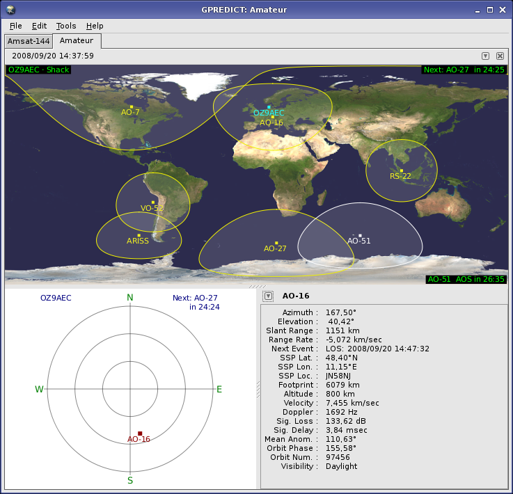 Gpredict workspace showing an orbital tracking layout
